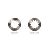 Shows two designs of slotted brake rotors, wave slot and curve slot.