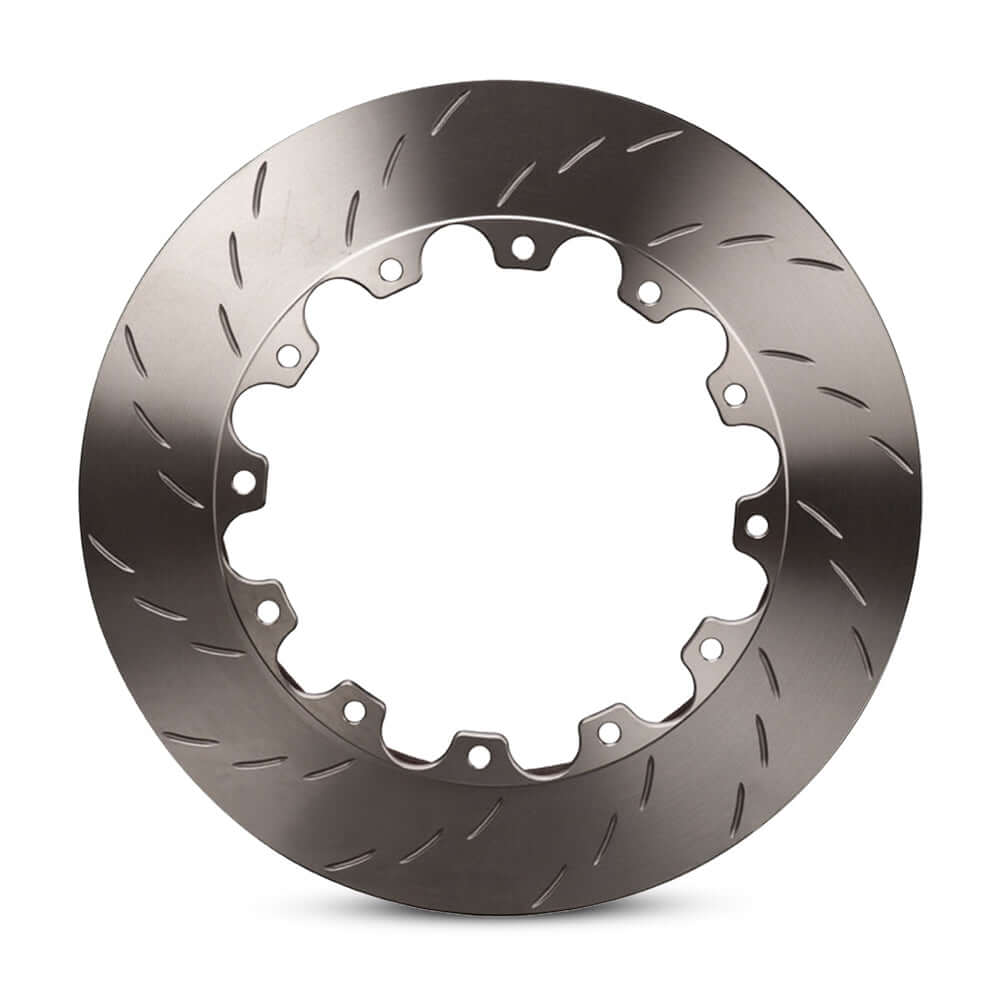 A two-piece wave slotted brake rotor.
